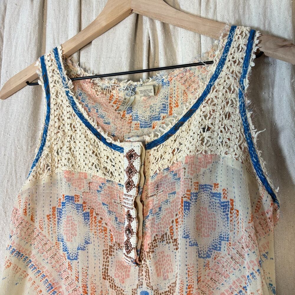 Boho Ikat Print Crochet Yoke‎ Beaded Tank Blouse Sheer Small Festival Ethereal